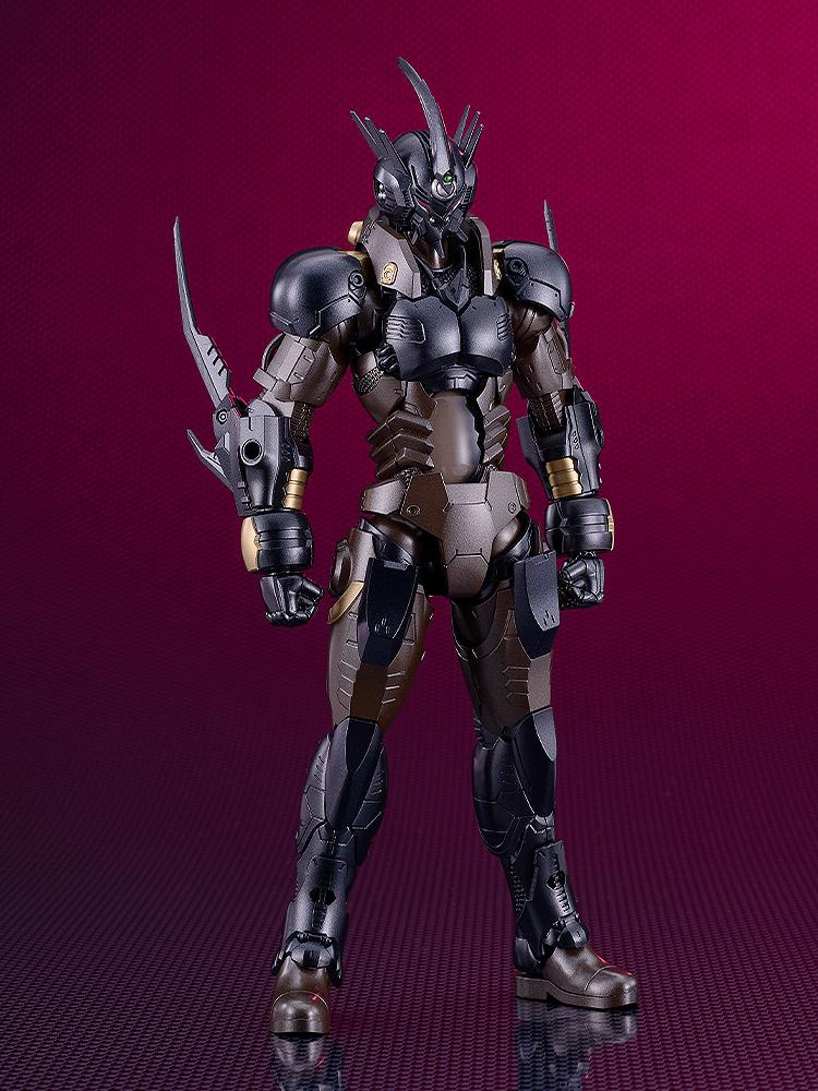 Front view of the Guyver 03 model kit standing with high-frequency swords retracted, highlighting the detailed mechanical joints.