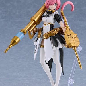 Dynamic pose of the Maidroid Rosalie model kit shoulder-carrying the Panzergeist grenade cannon.