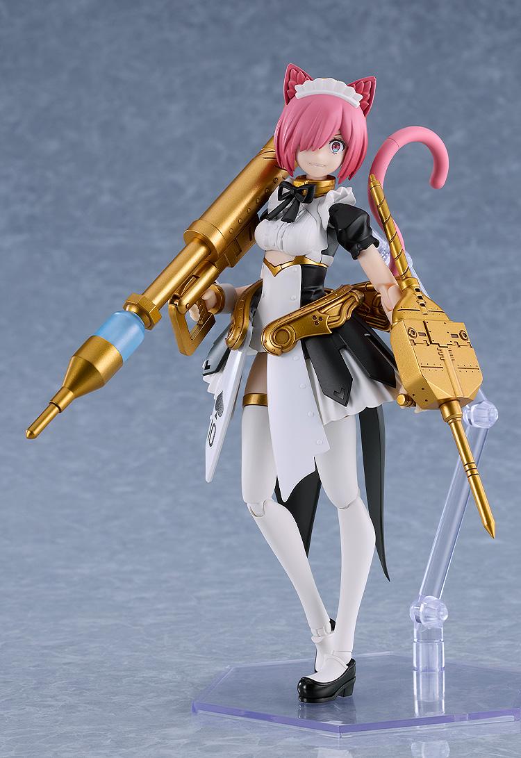 Dynamic pose of the Maidroid Rosalie model kit shoulder-carrying the Panzergeist grenade cannon.