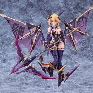 Full-body studio shot of the Sophia F. Shirring Vampire figure against a textured grey background, displaying the scythe and the complex wing structure.