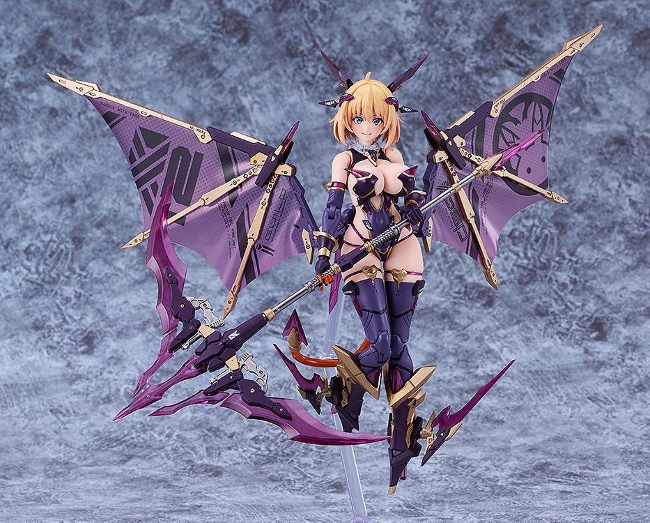 Full-body studio shot of the Sophia F. Shirring Vampire figure against a textured grey background, displaying the scythe and the complex wing structure.