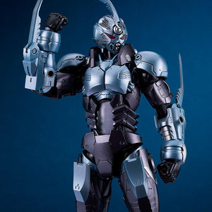 Heroic pose of the Gale Hound Guyver model kit with its right blade raised against a deep blue textured background.