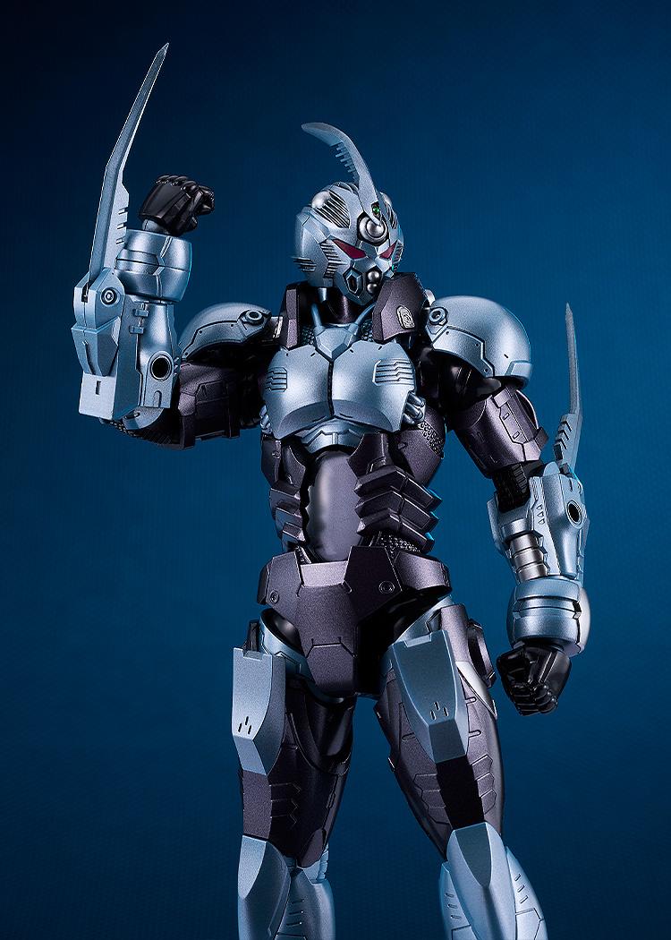 Heroic pose of the Gale Hound Guyver model kit with its right blade raised against a deep blue textured background.