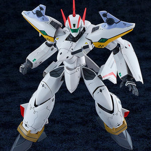 Front view of the white and red VF-19P Excalibur Battroid mode plastic model kit in a dynamic ready stance against a dark textured studio background.