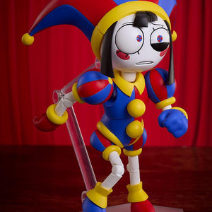Angled action pose of the Pomni figma figure leaning forward cautiously as if running away, supported by an adjustable transparent display stand.