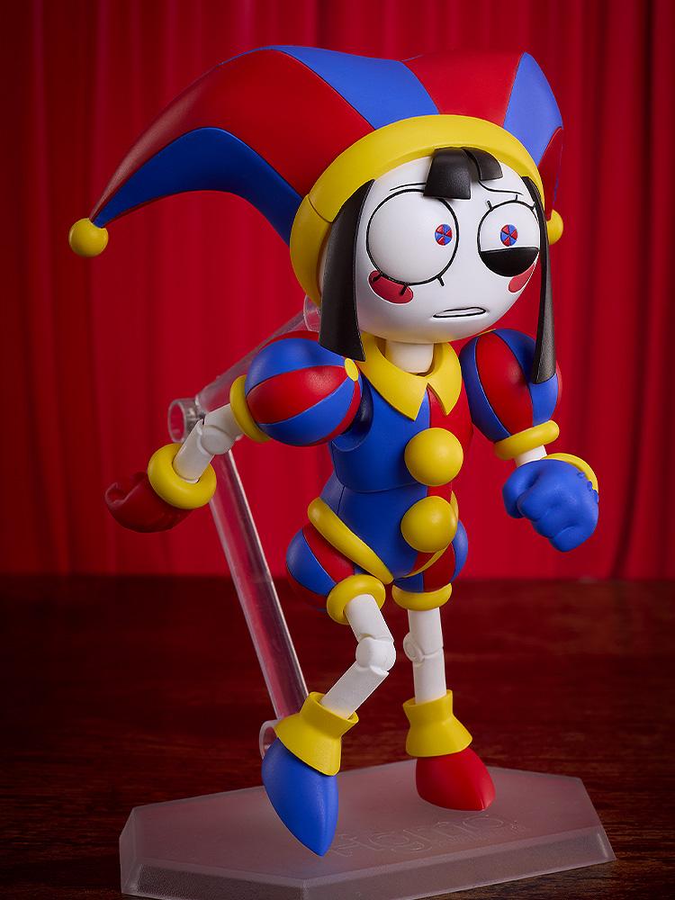 Angled action pose of the Pomni figma figure leaning forward cautiously as if running away, supported by an adjustable transparent display stand.