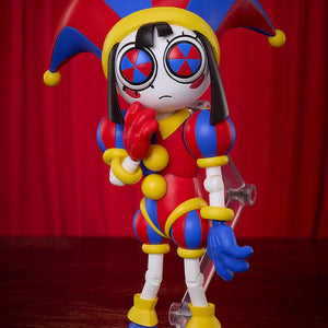 Studio shot of the Pomni figma jester figure standing against a red background, bringing a red gloved hand to her mouth with an anxious expression.