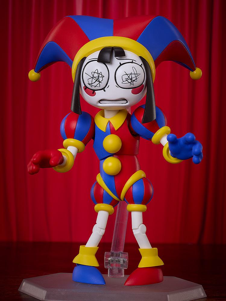 The Amazing Digital Circus Pomni figma figure utilizing her unique glitched face plate option featuring black abstract scribble eyes.