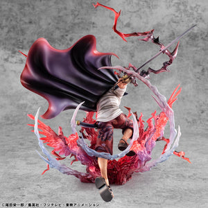 Rear perspective of Shanks figure highlighting the red and black energy aura and detailed pants pattern.