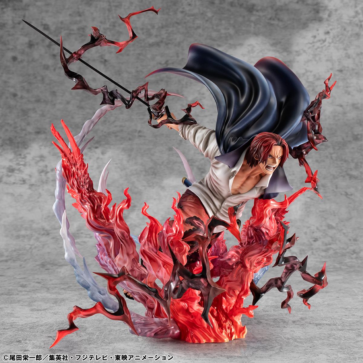 Wide action shot of non-articulated Shanks POP MAXIMUM figure with flowing black cape and sword.