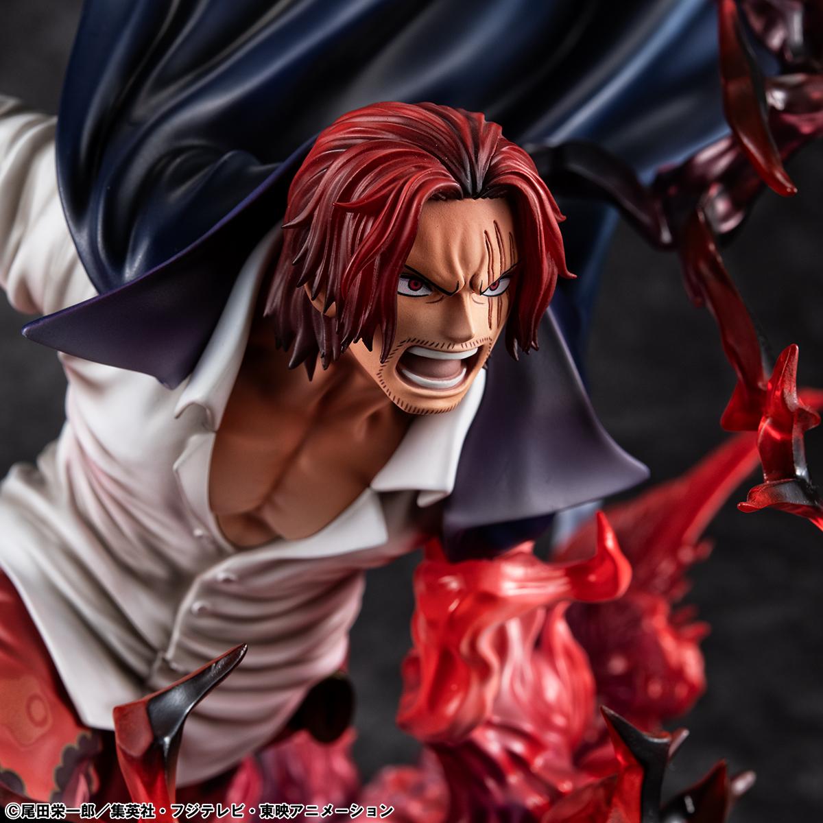 Detailed view of the upper body of the Shanks POP MAXIMUM figure against a dark background.