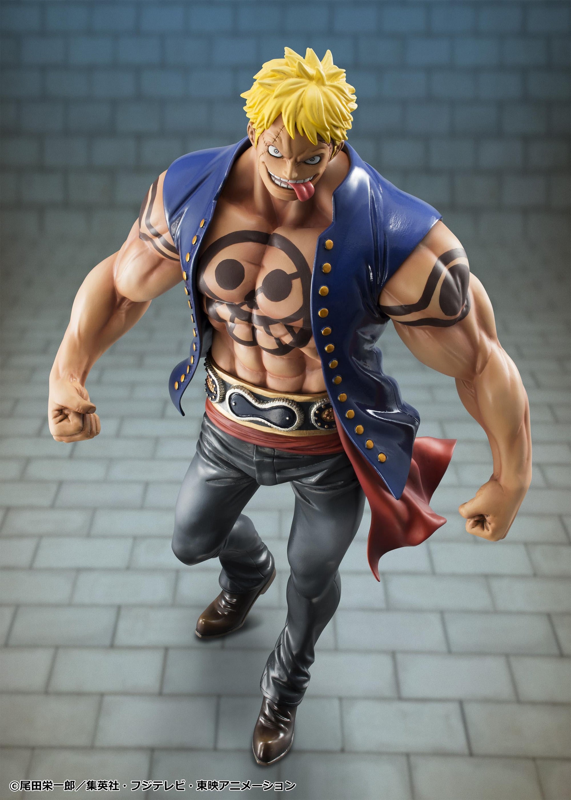 High-angle front view of P.O.P Bellamy the Hyena Sailing Again reissue figure in an aggressive forward battle stance.