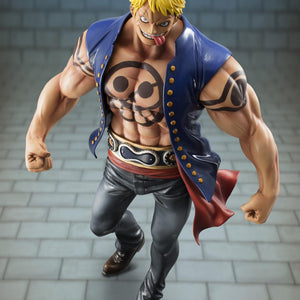 High-angle front view of P.O.P Bellamy the Hyena Sailing Again reissue figure in an aggressive forward battle stance.