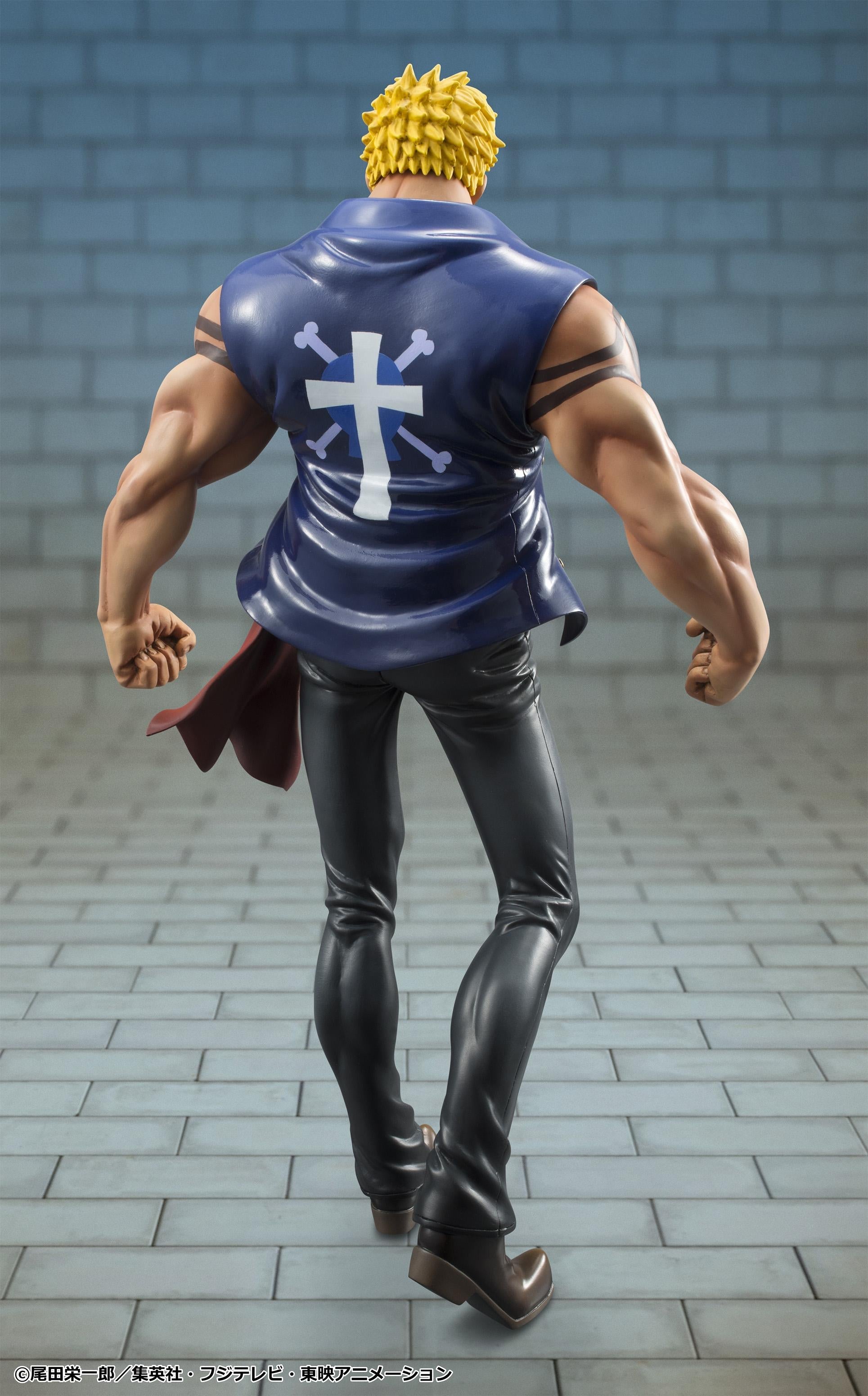 Back view of Portrait.Of.Pirates Bellamy the Hyena figure highlighting blue vest with pirate cross insignia and muscular back sculpt.