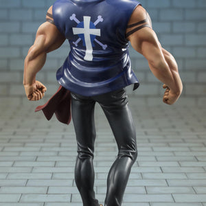 Back view of Portrait.Of.Pirates Bellamy the Hyena figure highlighting blue vest with pirate cross insignia and muscular back sculpt.