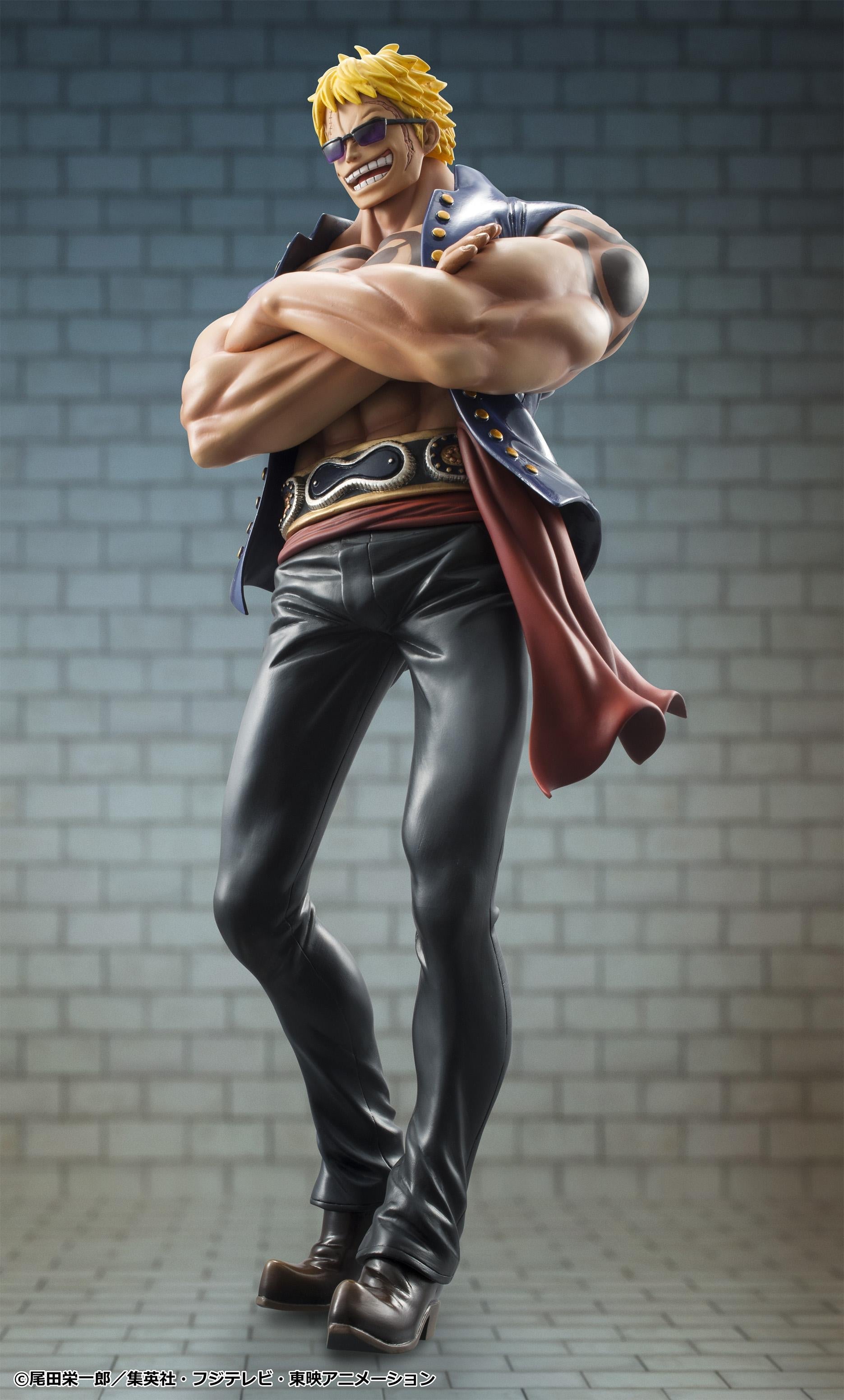 Low-angle full-length view of Bellamy the Hyena P.O.P figure with crossed arms and sunglasses in a confident smirk pose.