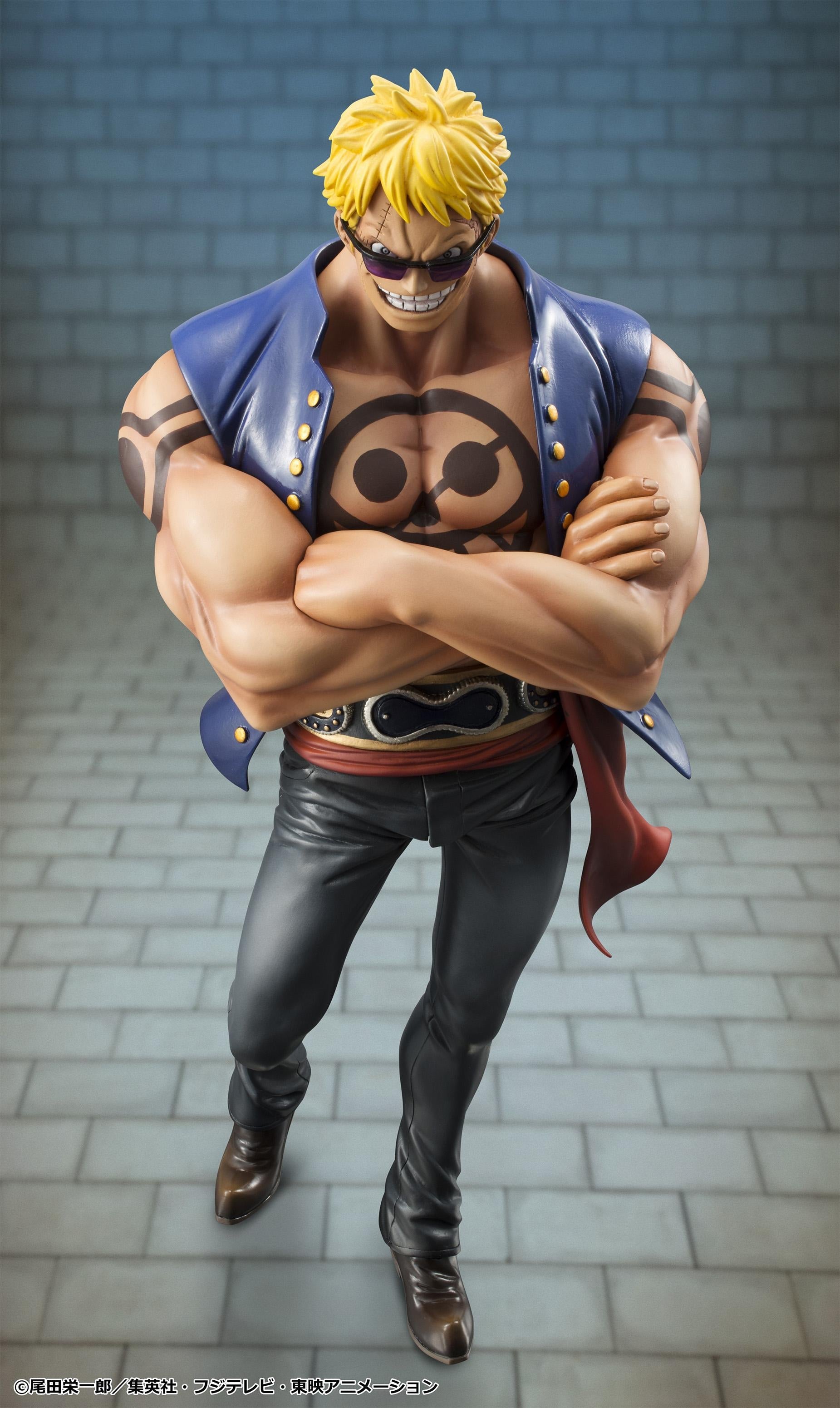 Detailed close-up of Portrait.Of.Pirates Bellamy the Hyena figure showing grinning teeth, sunglasses, and chest tattoo details.