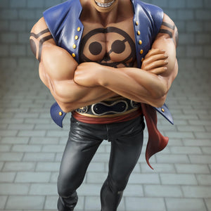 Detailed close-up of Portrait.Of.Pirates Bellamy the Hyena figure showing grinning teeth, sunglasses, and chest tattoo details.