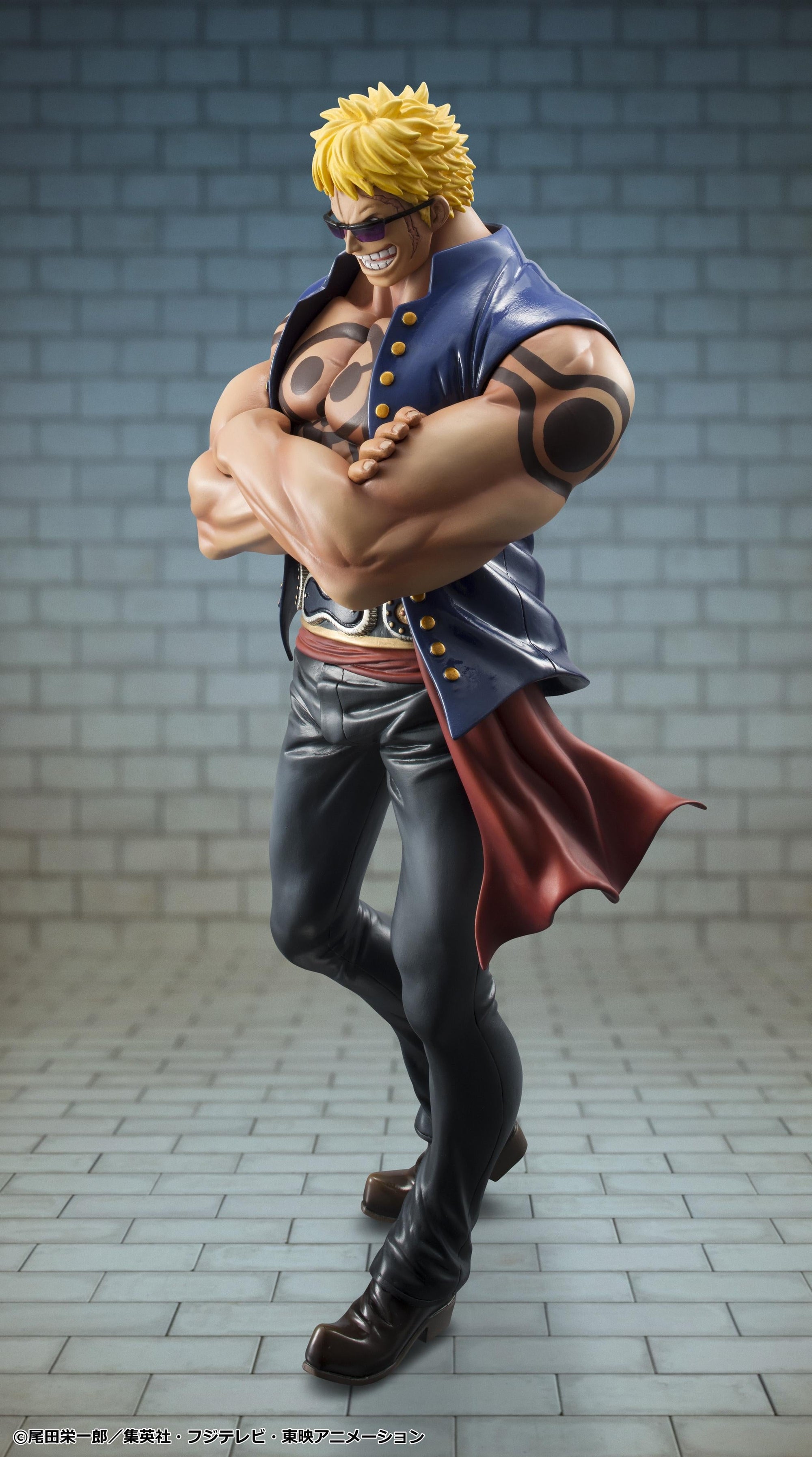 Side profile of Portrait.Of.Pirates Bellamy the Hyena figure showing arm tattoos, crossed muscular arms, and red waist sash.
