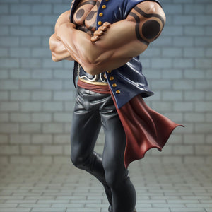 Side profile of Portrait.Of.Pirates Bellamy the Hyena figure showing arm tattoos, crossed muscular arms, and red waist sash.