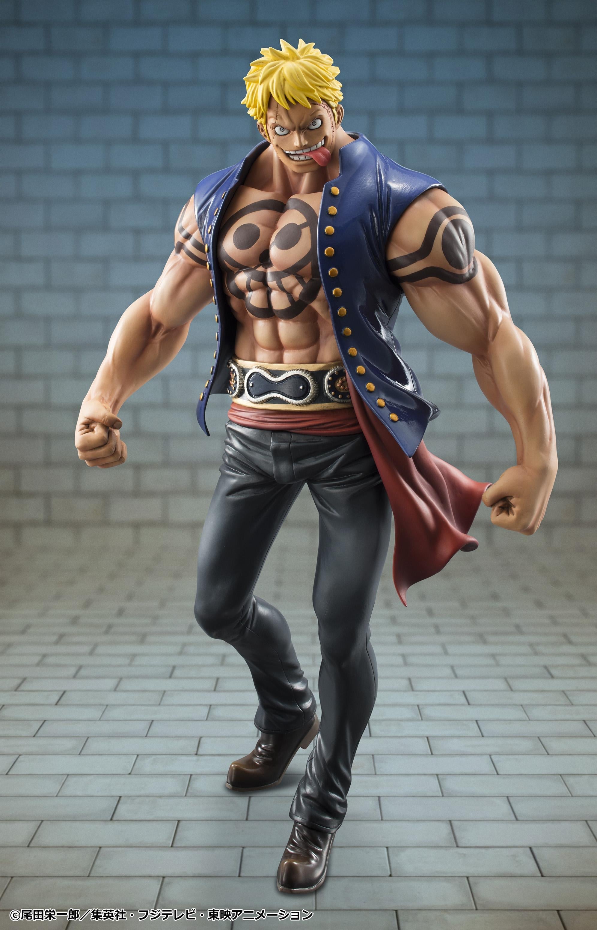 Full body front view of P.O.P Bellamy the Hyena Sailing Again figure displaying chest tattoo and clenched fists.