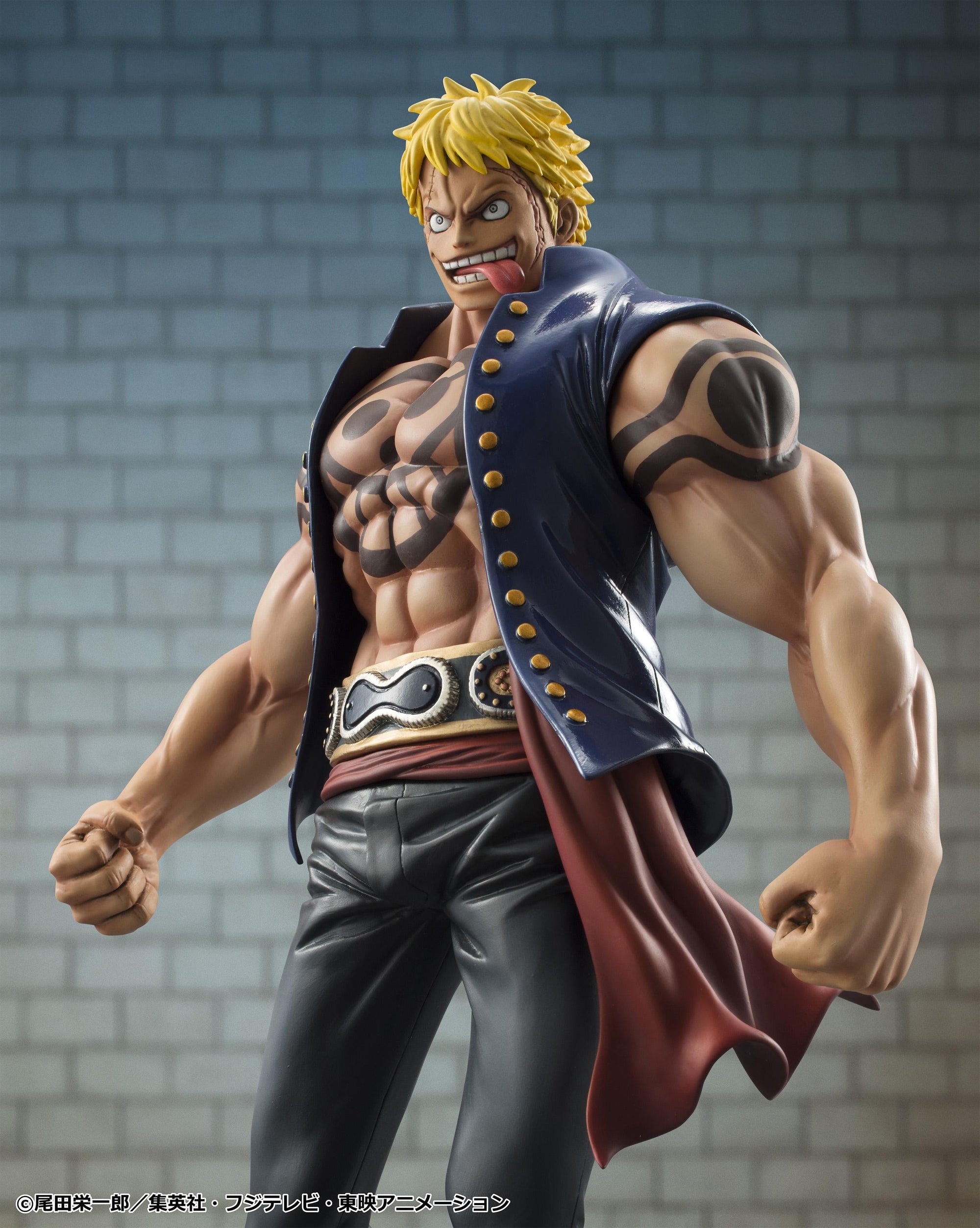Waist-up close-up of Bellamy the Hyena figure highlighting the sculpted abs, Donquixote tattoo, and facial scar.