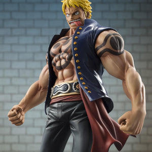 Waist-up close-up of Bellamy the Hyena figure highlighting the sculpted abs, Donquixote tattoo, and facial scar.