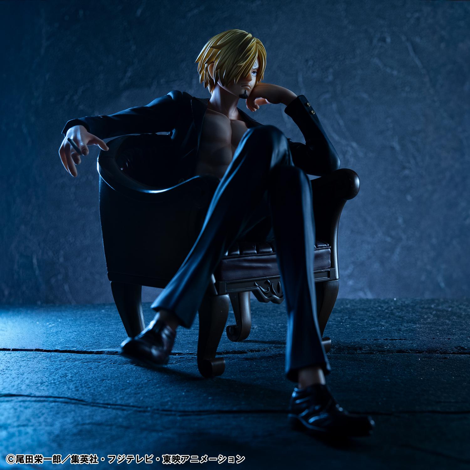 Full-length low-angle shot of Portrait.Of.Pirates S.O.C. Sanji Ver.R figure sitting on armchair stand under moody blue lighting.