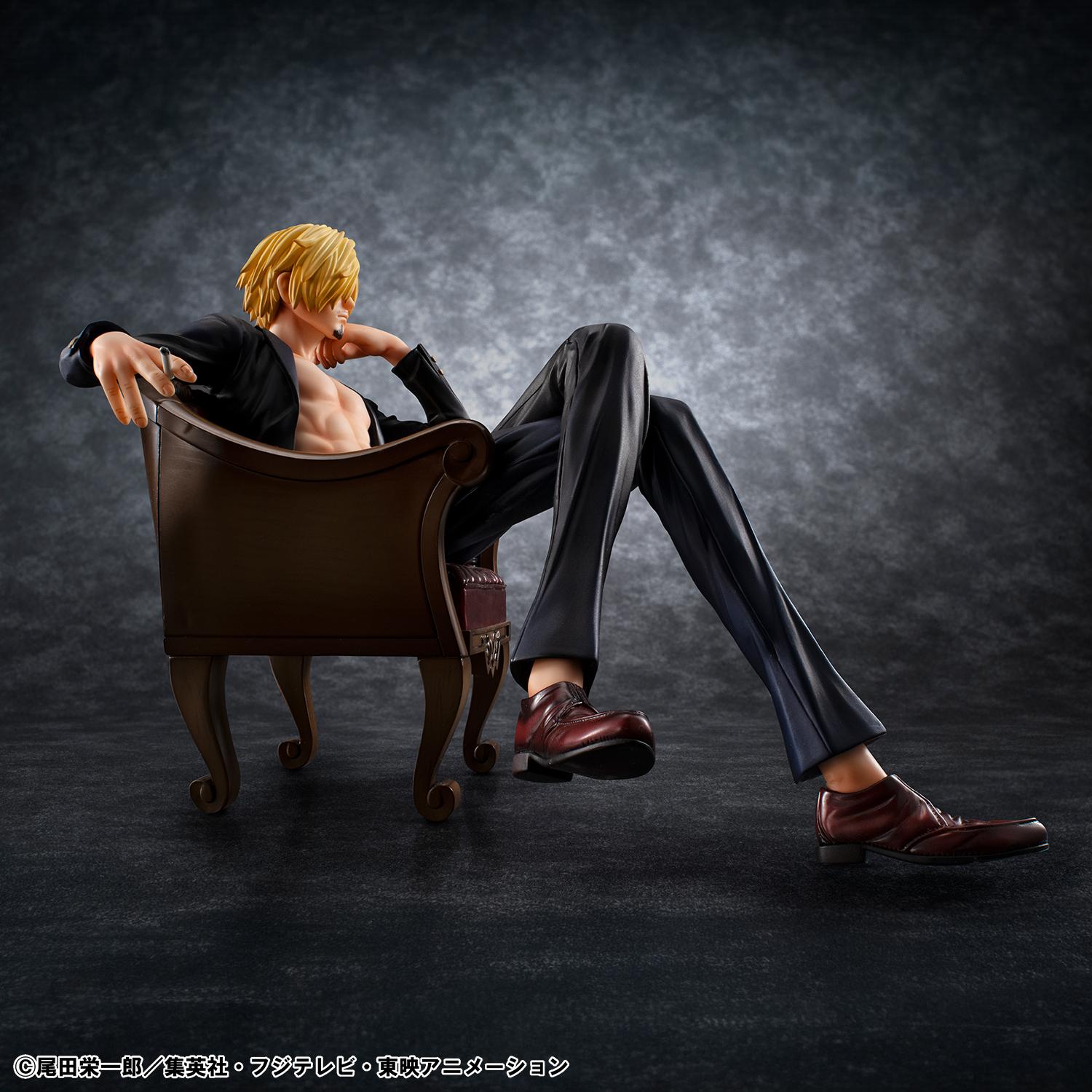 Low-angle side view of Portrait.Of.Pirates S.O.C. Sanji Ver.R figure seated with legs crossed on display chair stand.