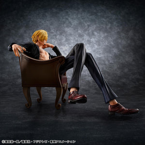 Low-angle side view of Portrait.Of.Pirates S.O.C. Sanji Ver.R figure seated with legs crossed on display chair stand.