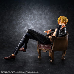 Side profile view of Portrait.Of.Pirates S.O.C. Sanji Ver.R figure showcasing detailed chair sculpt and reclining pose.