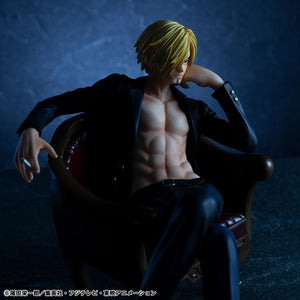 Upper body view of Sanji Ver.R Portrait.Of.Pirates S.O.C. figure resting cheek on hand under blue lighting.