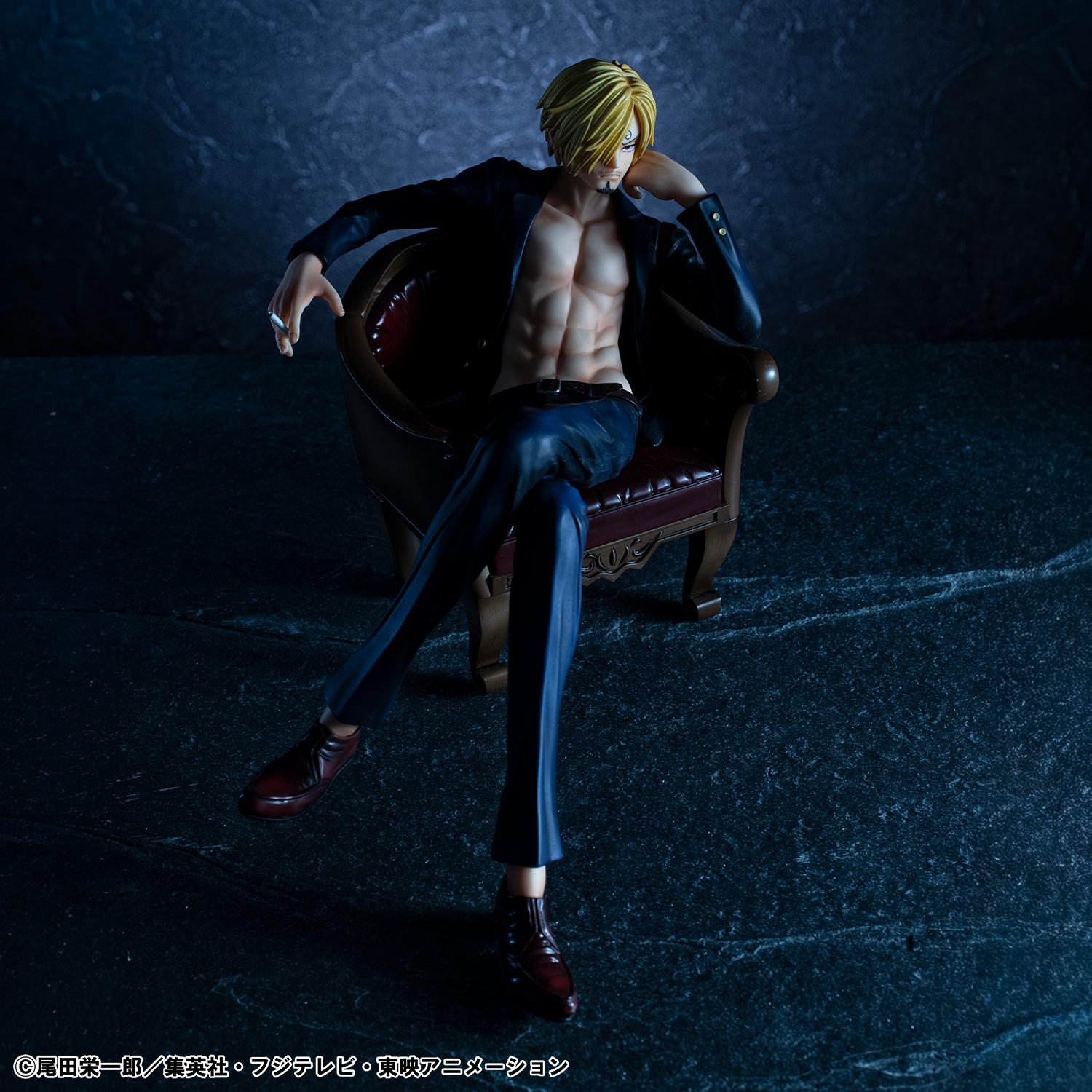 P.O.P S.O.C. Sanji Ver.R figure showcased in moody blue lighting seated in armchair with open suit.