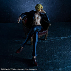 P.O.P S.O.C. Sanji Ver.R figure showcased in moody blue lighting seated in armchair with open suit.