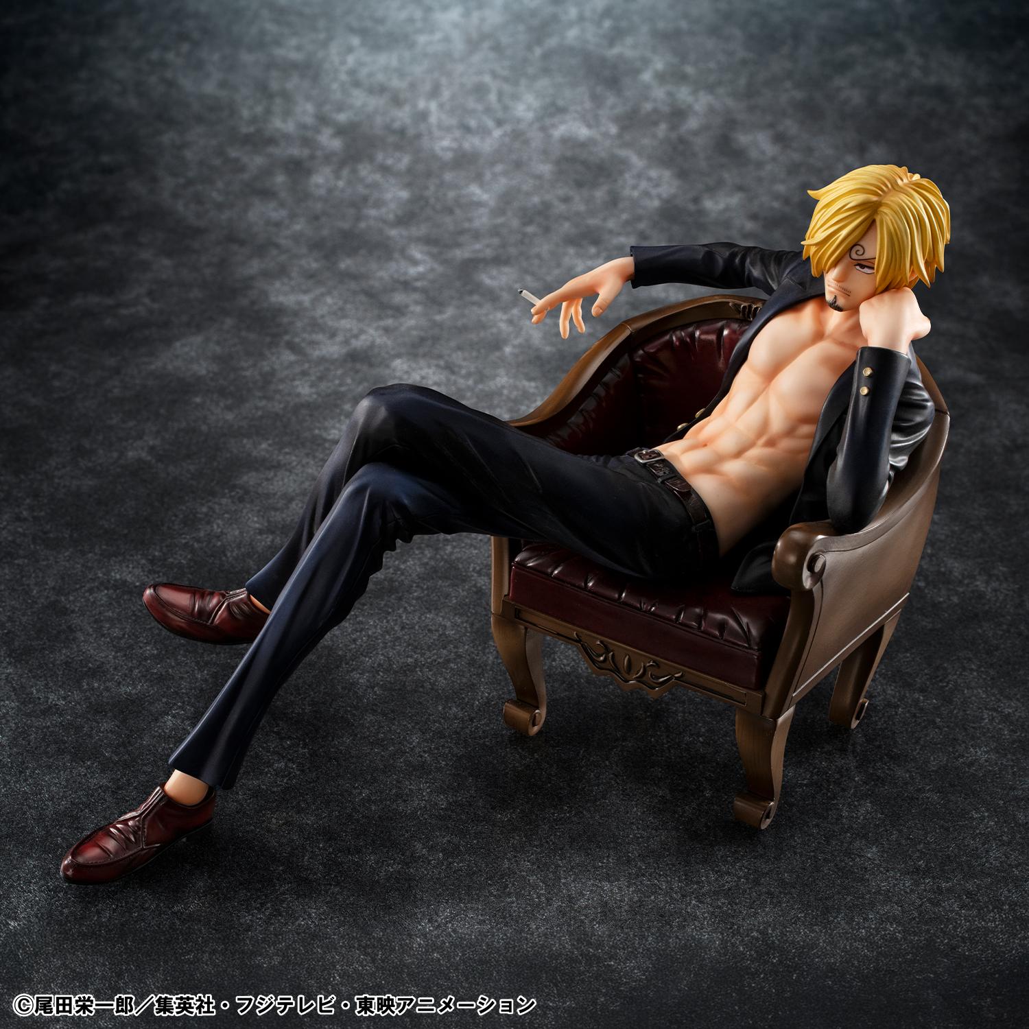 Overhead angled view of P.O.P S.O.C. Sanji Ver.R figure relaxing in armchair holding a cigarette.