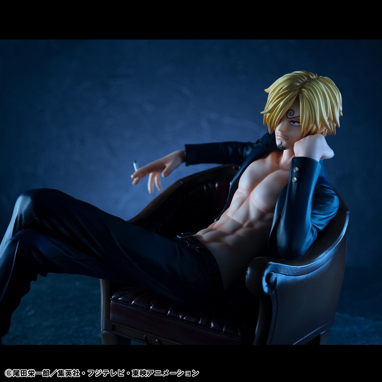Angled close-up of P.O.P S.O.C. Sanji Ver.R reclining in chair with cigarette and hand supporting his chin.