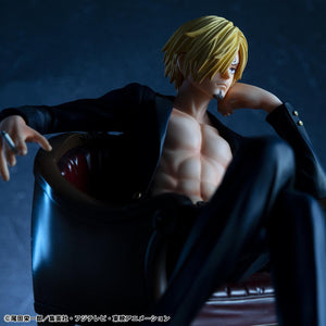 Close-up shot of P.O.P S.O.C. Sanji Ver.R figure highlighting cigarette, facial sculpt, curly eyebrow, and bare chest.