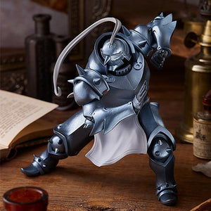 High-angle cinematic shot of the Alphonse Elric figure highlighting the realistic metallic texture and weathering of the silver armor.
