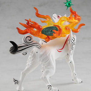 Rear studio view of the Good Smile Company Amaterasu figure, highlighting the sculpted white and black ink-style tail and the intricate details of the solar flame shield.