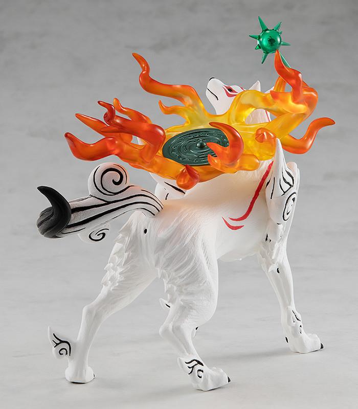 Rear studio view of the Good Smile Company Amaterasu figure, highlighting the sculpted white and black ink-style tail and the intricate details of the solar flame shield.