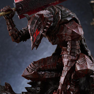 High detail portrait close-up of Guts Berserker Armor head sculpt showing blood splatter paint finish