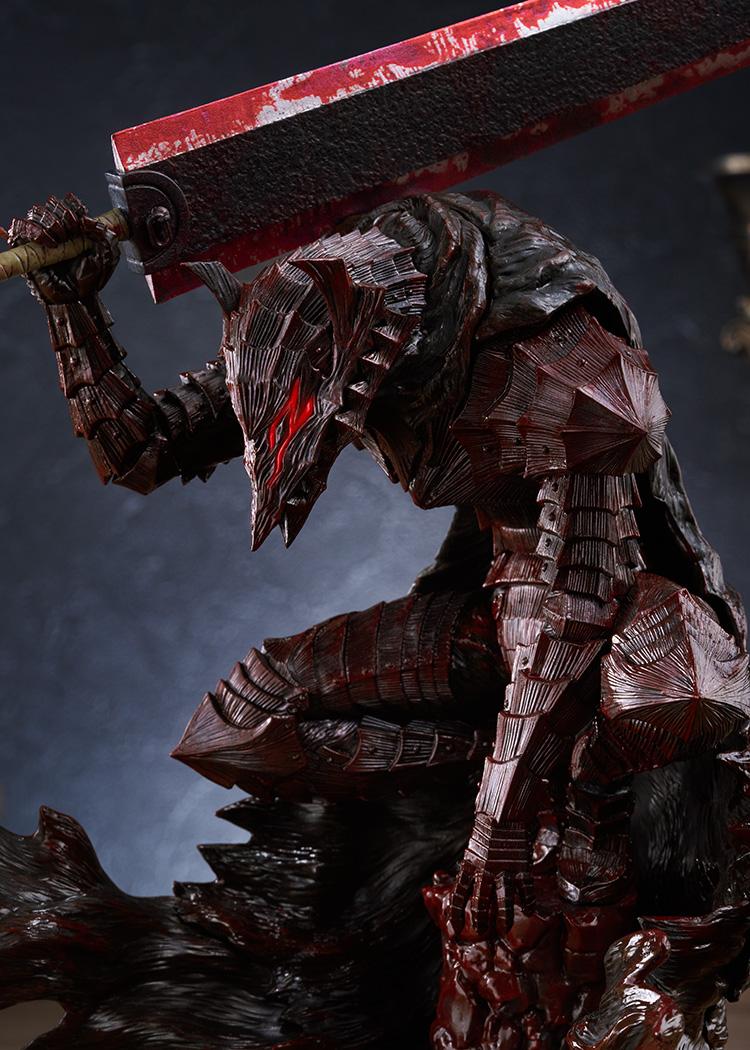 High detail portrait close-up of Guts Berserker Armor head sculpt showing blood splatter paint finish