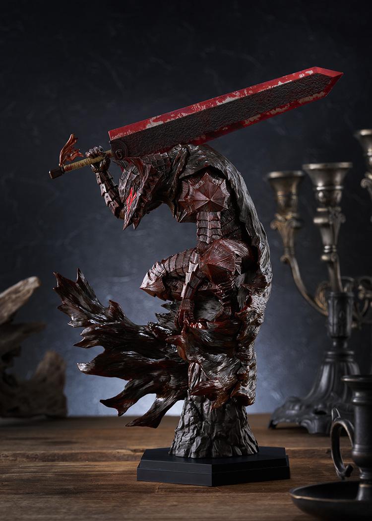 Full profile shot of Pop Up Parade L Berserk Guts figure in bloody paint version set against dark atmospheric background