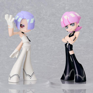 Full-body studio display of Pop Up Parade Polyester and Polyurethane figures standing on clear round bases against a neutral grey background.