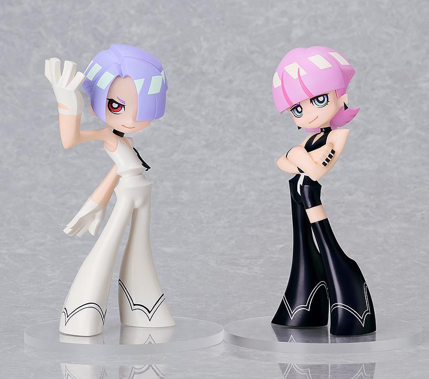 Full-body studio display of Pop Up Parade Polyester and Polyurethane figures standing on clear round bases against a neutral grey background.