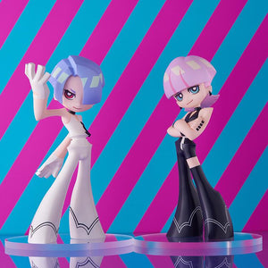 Dual display shot of Pop Up Parade Polyester and Polyurethane figures standing on acrylic pedestals against a vibrant pink and blue striped backdrop.