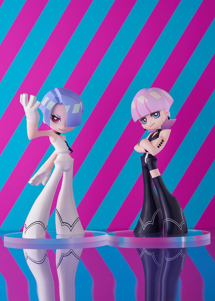 Dual display shot of Pop Up Parade Polyester and Polyurethane figures standing on acrylic pedestals against a vibrant pink and blue striped backdrop.