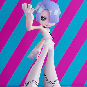 Full-length shot of the Pop Up Parade Polyester figure posing on a clear stand against a diagonal pink and blue striped background.