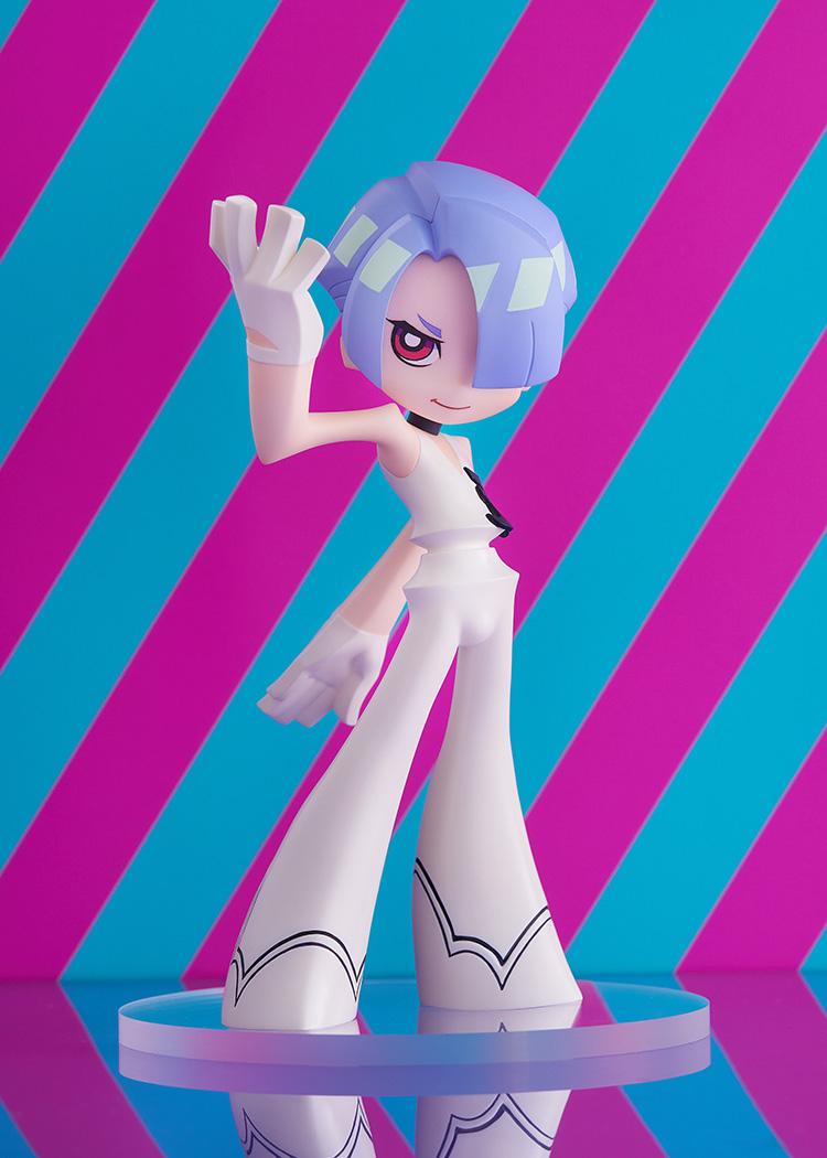 Full-length shot of the Pop Up Parade Polyester figure posing on a clear stand against a diagonal pink and blue striped background.