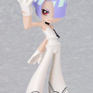 Full-body front view of the Pop Up Parade Polyester figure posing with raised hand in a white flared outfit on a round acrylic stand.